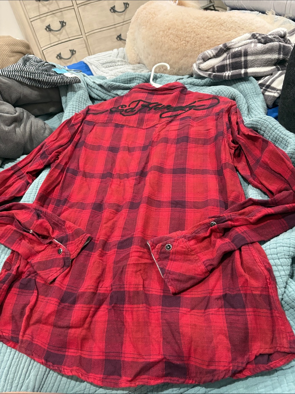 Ed Hardy Red and Black Plaid Button-Down Shirt